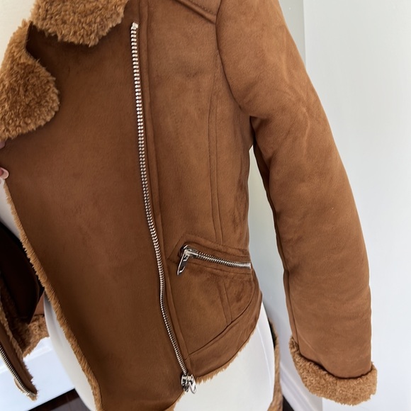 Zara soft Faux Suede Moto Jacket Camel Silver Hardware Fur Collar Size XS - Picture 7 of 12